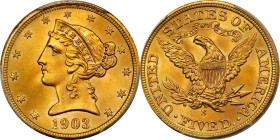 1903-S Liberty Head Half Eagle. MS-67 (PCGS).
This beautiful half eagle offers strong technical quality and phenomenal eye appeal. Both sides exhibit...