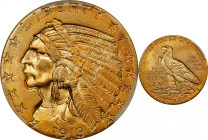 1913 Indian Half Eagle. MS-65+ (PCGS).
An intensely lustrous example with blended honey and yellow gold patina throughout. It is sharply struck and b...