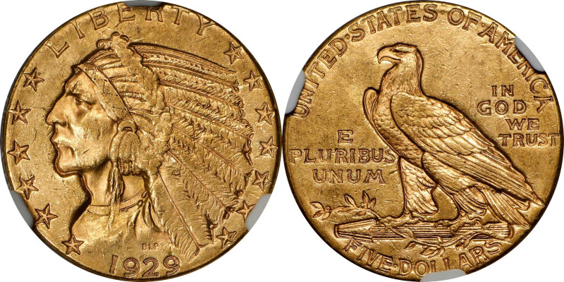 1929 Indian Half Eagle. MS-61 (NGC).
Offered is an attractive Mint State exampl...