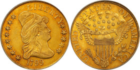 1799 Capped Bust Right Eagle. BD-6, Taraszka-18. Rarity-5. Small Obverse Stars. AU-55 (PCGS).
Offered is a handsome Choice AU example of the scarce B...