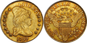 1799 Capped Bust Right Eagle. BD-8, Taraszka-20. Rarity-5. Small Obverse Stars. MS-61 (PCGS). CAC.
A vivid and attractive rarity that would do justic...