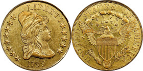 1799 Capped Bust Right Eagle. BD-10, Taraszka-22. Rarity-3. Large Obverse Stars. AU-55 (PCGS). OGH.
A warmly colored and lustrous example dressed in ...