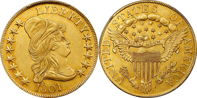 1801 Capped Bust Right Eagle. BD-2, Taraszka-25. Rarity-2. AU-53 (PCGS).
Vivid ...