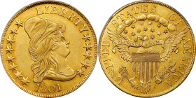 1801 Capped Bust Right Eagle. BD-2, Taraszka-25. Rarity-2. AU-53 (PCGS).
Vivid colors in honey-olive and orange-rose blanket both sides and deliver s...