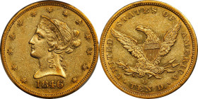 1846/'5'-O Liberty Head Eagle. Winter-3. AU-58 (PCGS).
This nearly Uncirculated eagle retains traces of semi-prooflike reflectivity in the fields, th...