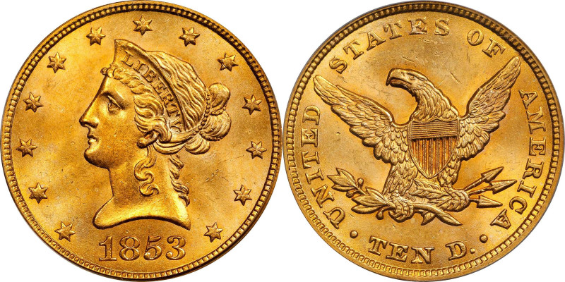 1853 Liberty Head Eagle. MS-64 (PCGS).
With original reddish-orange surfaces th...