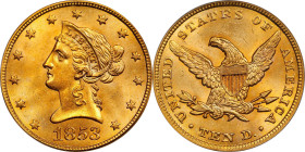 1853 Liberty Head Eagle. MS-64 (PCGS).
With original reddish-orange surfaces that are expertly preserved and highly attractive, it should come as no ...