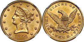 1854 Liberty Head Eagle. MS-62 (NGC). CAC.
Both sides of this delightful 1854 Liberty Head eagle display a lovely blend of soft frosty luster and med...