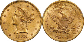 1868 Liberty Head Eagle. MS-60 (PCGS). CAC.
This extraordinary condition rarity is one of the very finest circulation strike 1868 eagles available to...