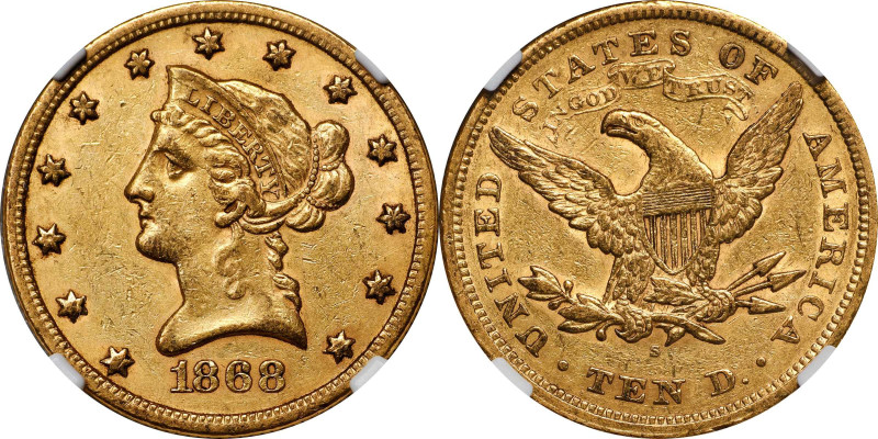 1868-S Liberty Head Eagle. AU-55 (NGC). CAC.
Handsome deep golden-honey color w...