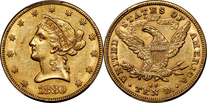 1880-CC Liberty Head Eagle. Winter 1-C. AU-58 (PCGS). CAC.
Rarely do survivors ...