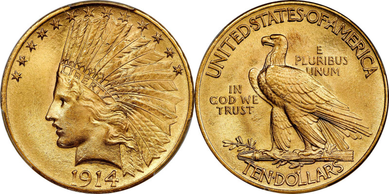 1914 Indian Eagle. MS-66 (PCGS).
Billowy mint luster blends with light wheat-go...