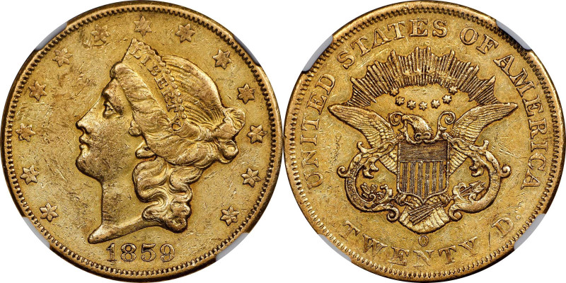 1859-O Liberty Head Double Eagle. Winter-1. AU-53 (NGC).
With handsome honey-go...