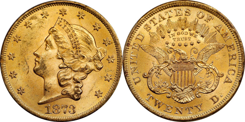 1873 Liberty Head Double Eagle. Open 3. MS-64 (PCGS).
An extraordinary Type II ...