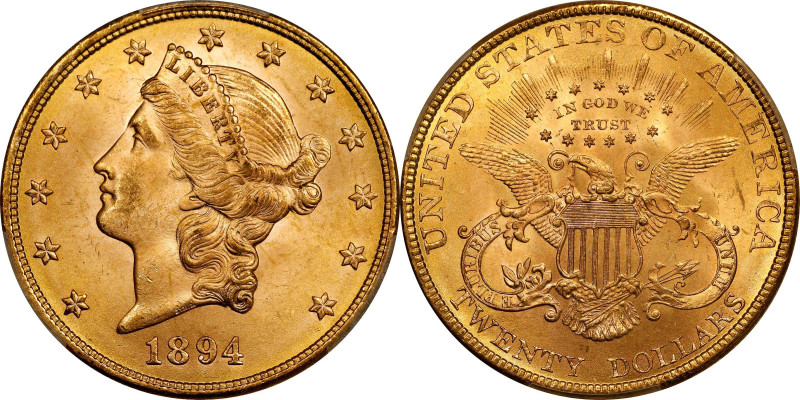 1894 Liberty Head Double Eagle. MS-65 (PCGS).
Beautifully preserved with vivid ...