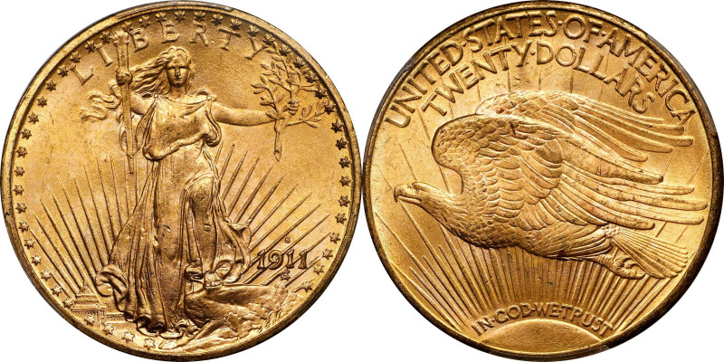 1911-S Saint-Gaudens Double Eagle. MS-66 (PCGS).
Billowy mint frost mingles wit...