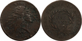 1793 Flowing Hair Cent. Wreath Reverse. S-9. Rarity-2. Vine and Bars Edge. VF Details--Environmental Damage (PCGS).
There is plenty of bold detail re...