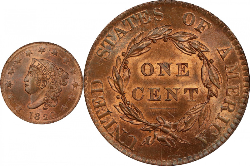 1820 Matron Head Cent. N-13. Rarity-1. Large Date. MS-65 BN (PCGS). CAC.
Lovely...