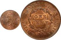 1820 Matron Head Cent. N-13. Rarity-1. Large Date. MS-65 BN (PCGS). CAC.
Lovely satin to softly frosted surfaces are smooth, lustrous and exceptional...