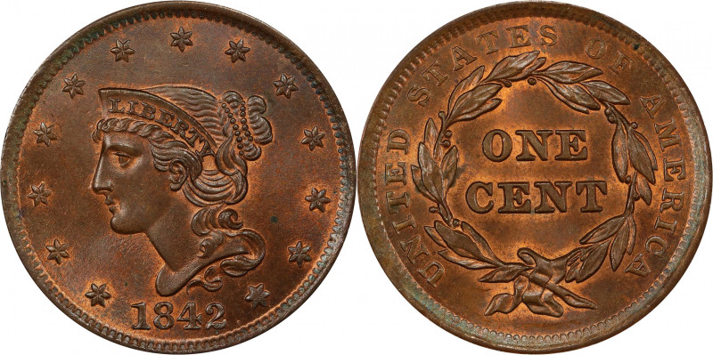 1842 Braided Hair Cent. N-3. Rarity-2. Large Date. MS-65 BN (PCGS). CAC.
This l...