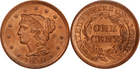 1850 Braided Hair Cent. N-7. Rarity-2. MS-65 RB (PCGS). CAC.
Far more Red than Brown, we note only a few faint, well scattered glints of flint-gray p...