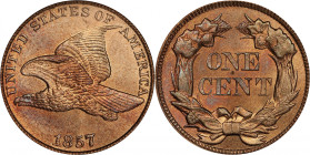 1857 Flying Eagle Cent. Type of 1857. MS-65 (PCGS).
Beautiful, vivid tannish-apricot surfaces also exhibit intermingled powder blue and pale pink hig...