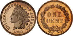 1859 Indian Cent. Proof-64+ Cameo (PCGS).
This luxurious specimen exhibits bright tan-wheat color on the obverse, warmer, yet equally desirable tan-a...