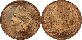 1861 Indian Cent. MS-66 (PCGS).
Lovely pinkish-tan surfaces border on pristine. There are no marks or other blemishes of note, both sides are satiny ...