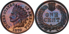 1870 Indian Cent. Proof-65 BN (PCGS). CAC.
Otherwise all-encompassing deep lilac-copper patina yields to faded orange mint color at the upper reverse...