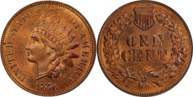 1876 Indian Cent. MS-64 RD (PCGS).
A vivid and attractive piece aglow with deep rose-orange mint color. Satiny in texture, the surfaces are smooth in...
