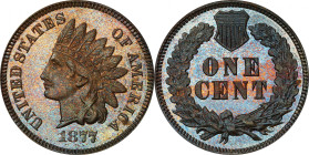 1877 Indian Cent. Proof-64 BN (PCGS). CAC.
Wonderfully original surfaces exhibit a blend of deep copper, powder blue and pinkish-brown patina, the re...