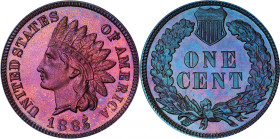 1885 Indian Cent. Proof-66 BN (PCGS).
An exquisite gem that exhibits vivid salmon-pink undertones to the obverse, cobalt blue on the reverse. Dominan...