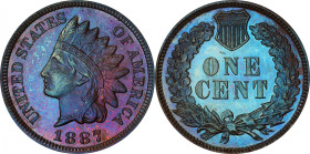 1887 Indian Cent. Proof-66 BN (PCGS).
Fully struck with vivid cobalt blue and, to a lesser extent, pinkish-rose iridescence to dominant antique coppe...