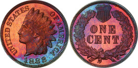 1888 Indian Cent. Proof-65 RB (PCGS).
Crescents of peripheral lilac-blue iridescence enliven dominant color in vivid pinkish-rose. Some warmer olive ...