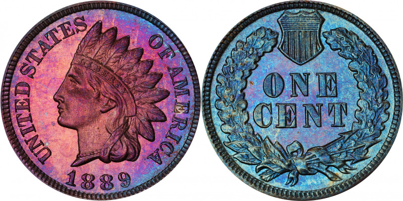 1889 Indian Cent. Proof-65 BN (PCGS).
Deep copper-blue reverse patination contr...