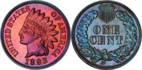 1893 Indian Cent. Proof-66 RB (PCGS).
Glassy surfaces are semi-reflective in finish on both sides, yet with two markedly different appearances, nonet...
