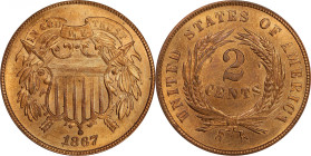 1867 Two-Cent Piece. MS-65 RD (PCGS). CAC.
Warm golden-orange color to both sides, the surfaces are satiny, smooth and boast razor sharp striking det...