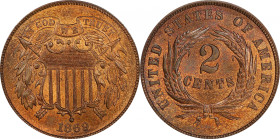 1869 Two-Cent Piece. MS-65 RB (PCGS). CAC.
A richly original beauty with a full endowment of billowy mint luster to both sides. Abundant deep orange ...