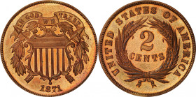 1871 Two-Cent Piece. Proof-66 RB (PCGS). CAC.
Vivid deep orange mint color shines powerfully through an even overlay of iridescent olive-brown toning...