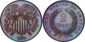 1873 Two-Cent Piece. Open 3. Proof-65 BN (PCGS). CAC.
This gorgeous Gem exhibits rich antique copper-brown patina with vivid undertones of cobalt blu...