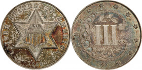 1862 Silver Three-Cent Piece. MS-65+ (PCGS).
Beautiful reddish-olive and steely olive-blue shades are splashed over smooth, satiny surfaces. Areas of...