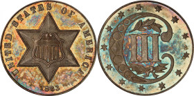 1863 Silver Three-Cent Piece. Proof-66 Cameo (PCGS). CAC.
Handsome cabinet toning in steel-olive, pewter-gray and cobalt blue greets the viewer from ...