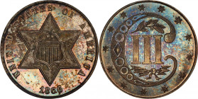 1866 Silver Three-Cent Piece. Proof-65 (PCGS).
Richly toned in steel-gray, reddish-russet and charcoal-olive, the reverse is the more boldly patinate...