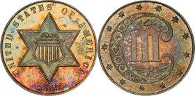 1867 Silver Three-Cent Piece. Proof-66+ Cameo (PCGS).
A richly original example dressed in multiple deep, vivid colors that include olive-gray, reddi...