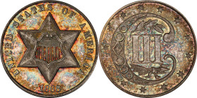 1868 Silver Three-Cent Piece. Proof-65 (PCGS).
Shimmering fields and satiny motifs are dressed in richly original toning. Both sides exhibit a base o...