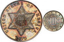 1870 Silver Three-Cent Piece. Proof-66 (PCGS).
Richly original antique silver surfaces support mottled toning in steel-blue, olive-copper and reddish...