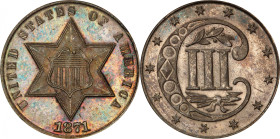 1871 Silver Three-Cent Piece. MS-64 (PCGS). CAC.
Warmly and evenly toned in pearl-gray, the obverse is further enhanced by an overlay of mottled oliv...