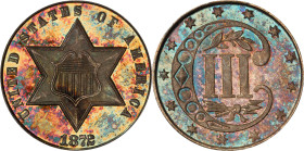 1872 Silver Three-Cent Piece. Proof-66 (PCGS).
Blended bronze and steel-olive iridescence on the obverse contrasts with bolder pewter-gray and steel-...