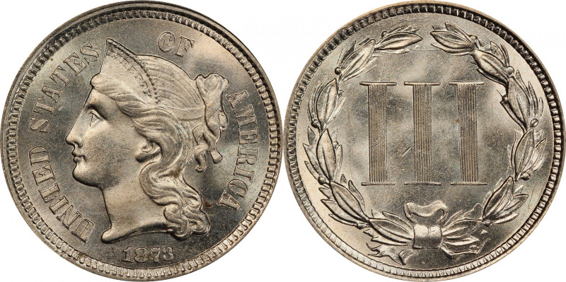 1873 Nickel Three-Cent Piece. Close 3. MS-65 (PCGS). CAC.
A brilliant and flash...