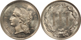 1873 Nickel Three-Cent Piece. Close 3. MS-65 (PCGS). CAC.
A brilliant and flashy Gem with intense satin luster to both sides. From a mintage of 390,0...